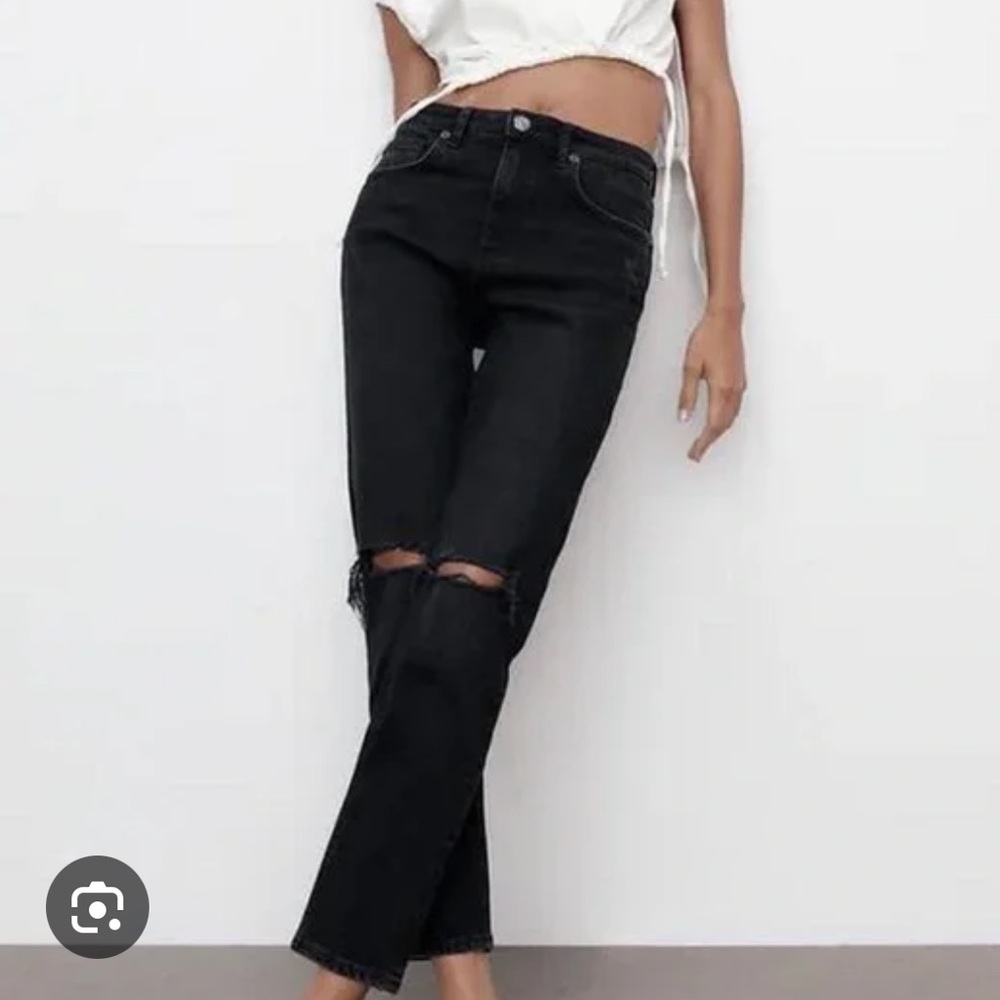 ZARA Straight Leg Ripped Black Distressed Denim